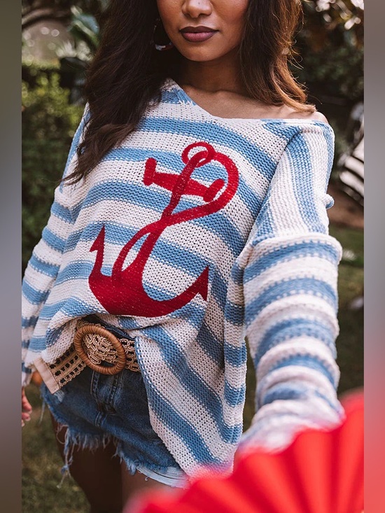 Judith March Sweaters - JUDITH MARCH Sail My Way Embroidered Anchor Striped Chenille Sweater